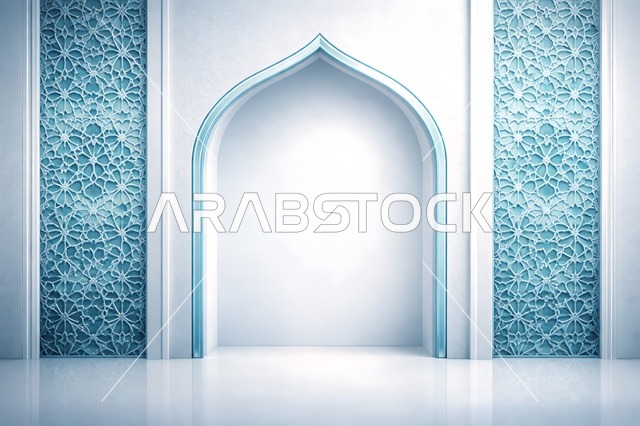 قوس إسلامي أبيض مع أنماط هندسية زرقاء