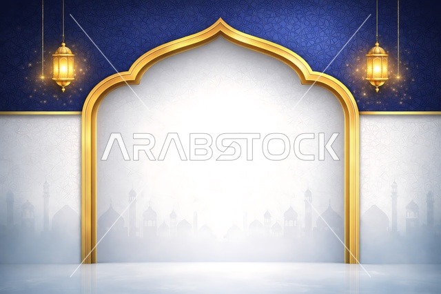 خلفية رمضان إسلامية مع قوس ذهبي وفوانيس مضيئة