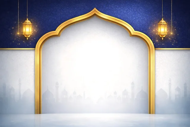 خلفية رمضان إسلامية مع قوس ذهبي وفوانيس مضيئة