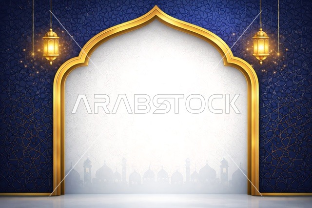 Islamic Ramadan Background with Golden Lanterns and Arch