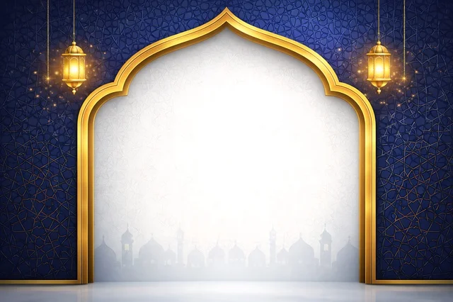 Islamic Ramadan Background with Golden Lanterns and Arch