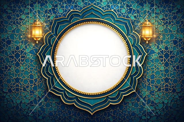 Islamic Ramadan Frame with Gold Lanterns and Teal Background