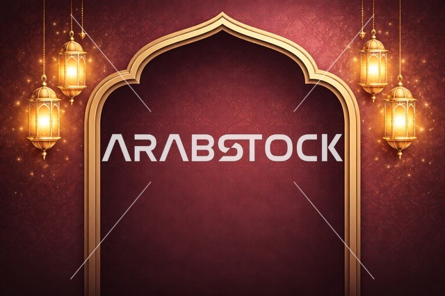 Ramadan Background Golden Arch and Hanging Lanterns