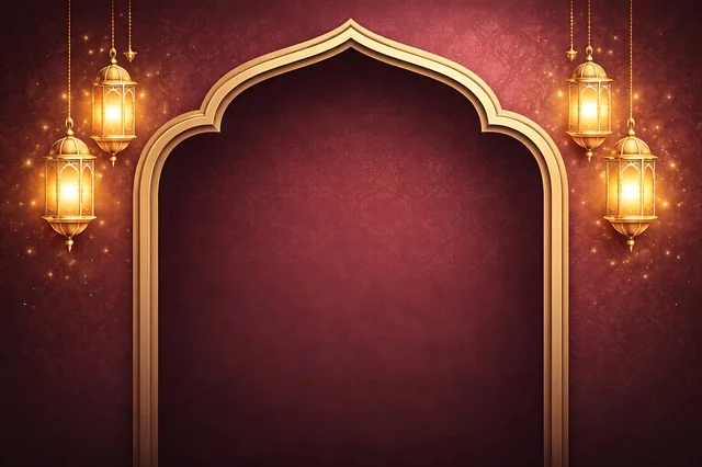 Ramadan Background Golden Arch and Hanging Lanterns