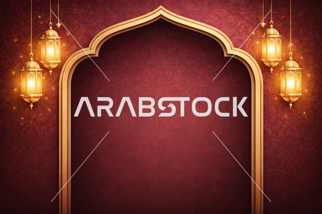 خلفية رمضان مع قوس إسلامي وفوانيس ذهبية