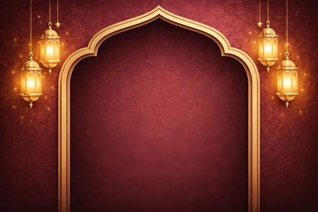 خلفية رمضان مع قوس إسلامي وفوانيس ذهبية