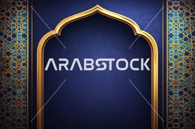Blue Islamic Arch with Gold Geometric Ramadan Pattern