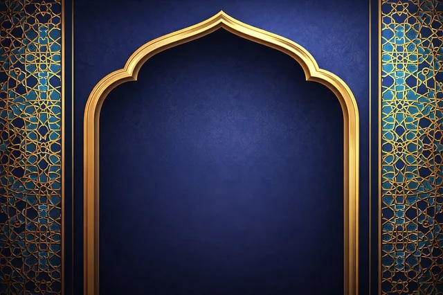 Blue Islamic Arch with Gold Geometric Ramadan Pattern