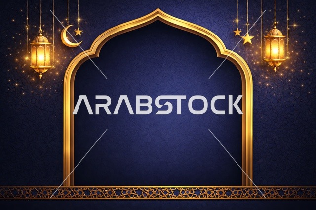 خلفية رمضان وعيد الفطر مع قوس ذهبي وفوانيس