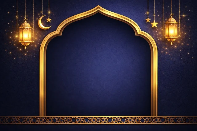 Islamic Ramadan Eid Background with Golden Arch and Lanterns