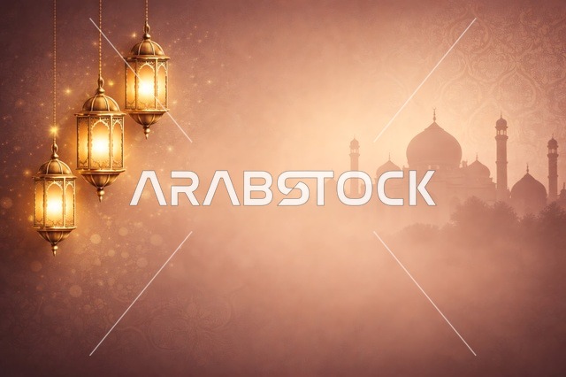 Golden Ramadan Lanterns and Mosque Silhouette Background
