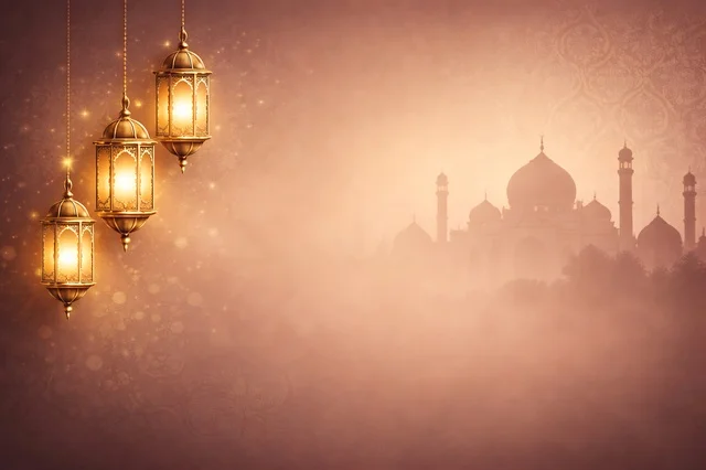 Golden Ramadan Lanterns and Mosque Silhouette Background