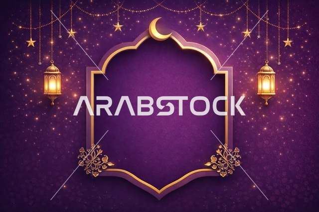 إطار رمضان إسلامي مع فوانيس وخلفية أرجوانية