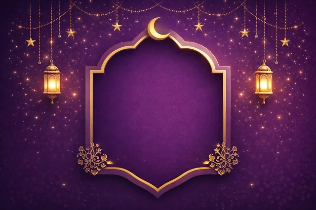 Islamic Ramadan Frame with Lanterns on Purple Background