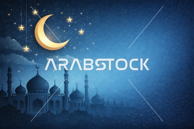 رسم توضيحي لمسجد مع هلال ذهبي ونجوم في سماء الليل