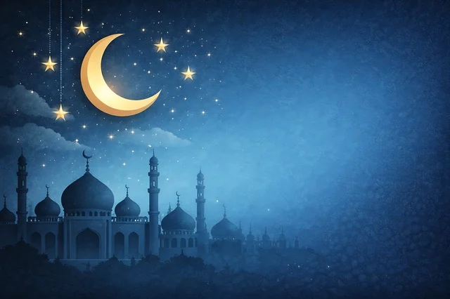 Mosque Silhouette with Golden Crescent Moon and Stars