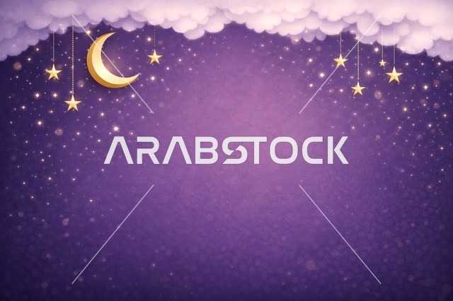 خلفية سماء ليلية أرجوانية مع هلال ونجوم ذهبية