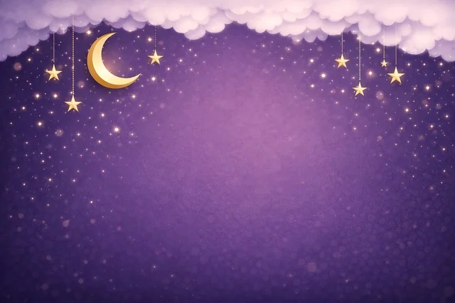 خلفية سماء ليلية أرجوانية مع هلال ونجوم ذهبية