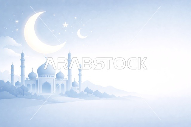 White Mosque with Crescent Moon Islamic Background