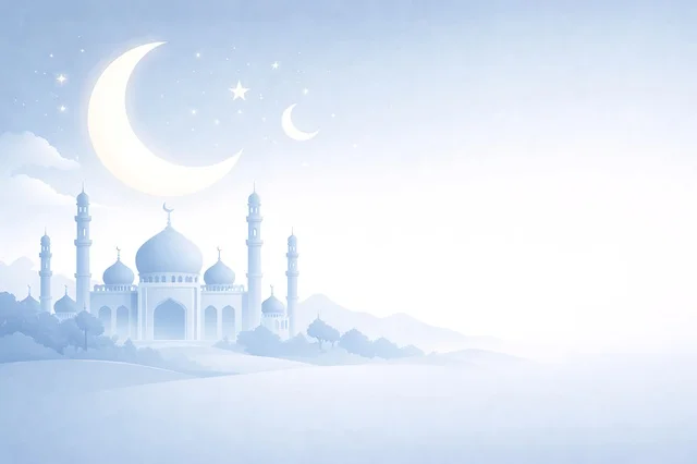 White Mosque with Crescent Moon Islamic Background