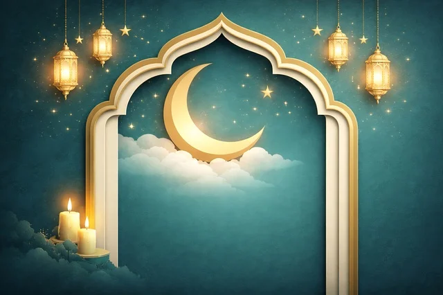 Ramadan Crescent Moon and Lanterns in Golden Arch