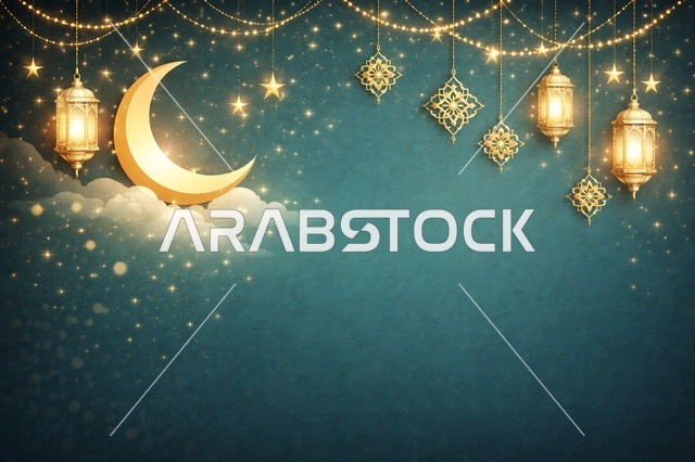 Ramadan Background with Crescent Moon and Golden Lanterns