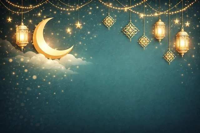 خلفية رمضان مع هلال وفوانيس ذهبية معلقة