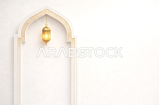 Islamic White Arch with Golden Lantern Background