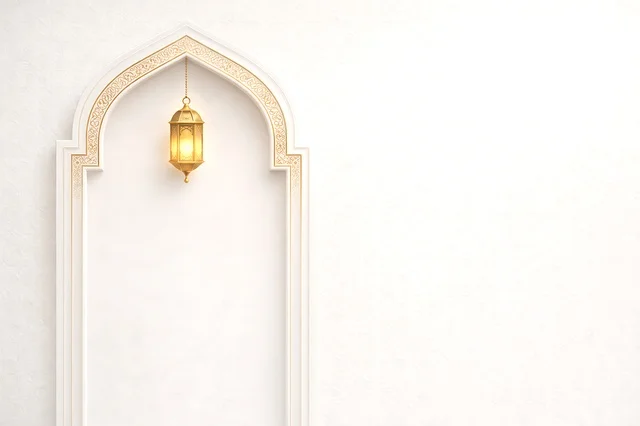 Islamic White Arch with Golden Lantern Background