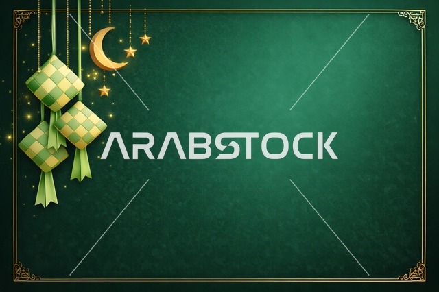 Islamic Green Background with Ketupat and Gold Frame