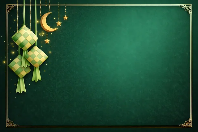 خلفية إسلامية خضراء مع زينة الكيتوبات وإطار ذهبي