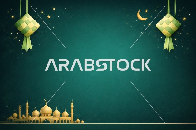 خلفية إسلامية خضراء مع مسجد وزينة الكيتوبات