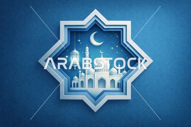 تصميم مسجد إسلامي داخل إطار نجمة زرقاء