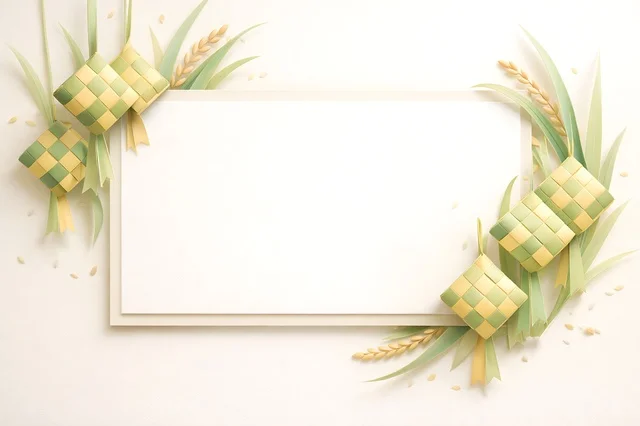 Blank Eid Greeting Card with Ketupat and Grain Decor
