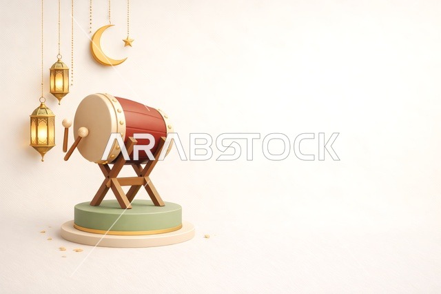 3D Ramadan Drum and Golden Lanterns with Copy Space