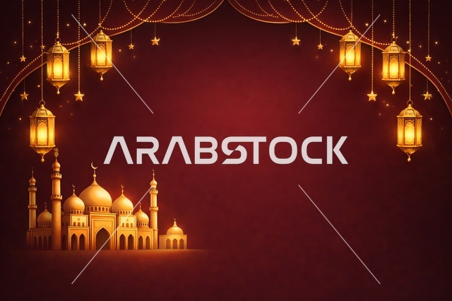 Ramadan Mosque and Lanterns Red Background