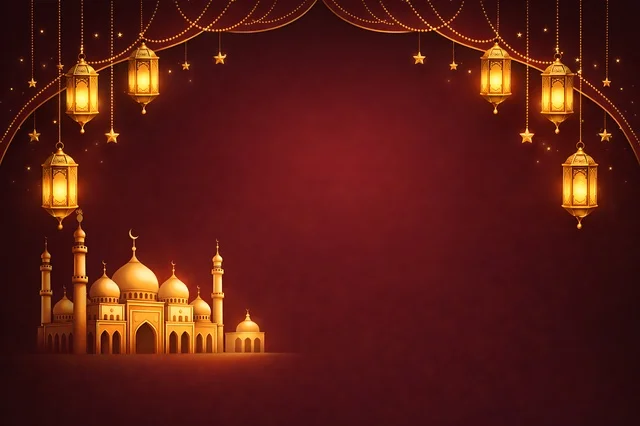 Ramadan Mosque and Lanterns Red Background