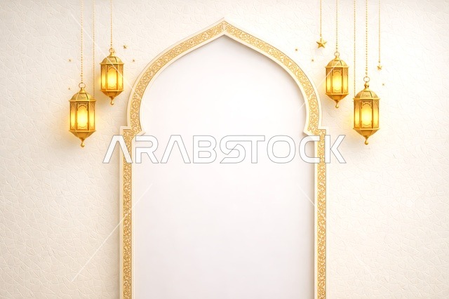 Golden Islamic Arch with Ramadan Lanterns Background