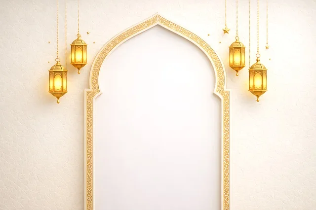 Golden Islamic Arch with Ramadan Lanterns Background