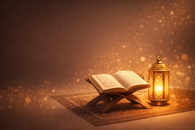 Open Quran and Glowing Lantern with Golden Light Open Quran and Glowing Lantern with Golden Light