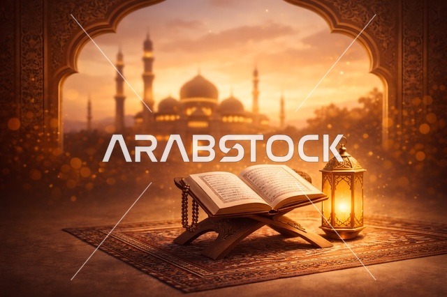 Holy Quran and Lantern with Mosque Sunset Background