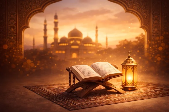 Holy Quran and Lantern with Mosque Sunset Background