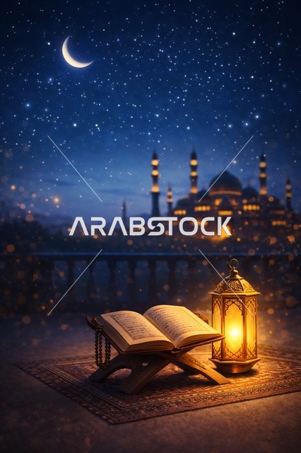 Holy Quran and Lantern with Mosque Night Background