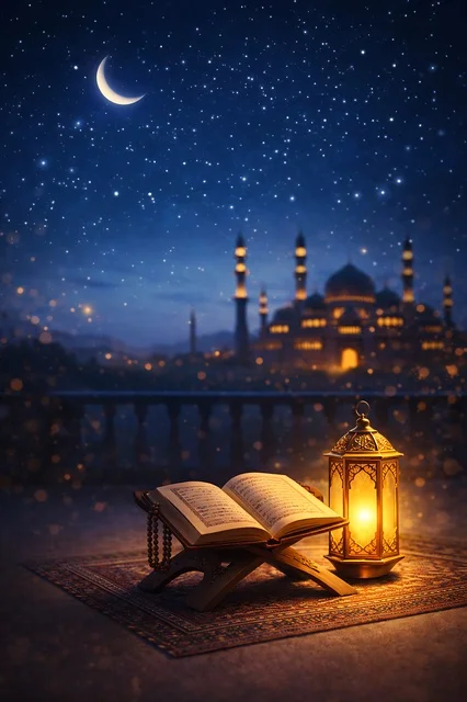 Holy Quran and Lantern with Mosque Night Background