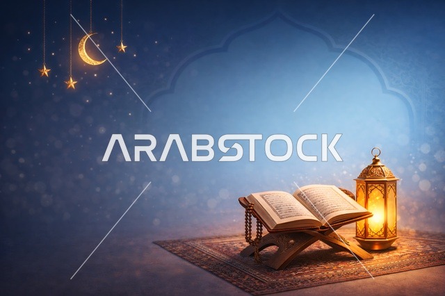 Holy Quran with Lantern on Prayer Rug