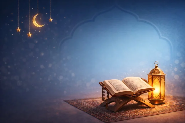 Holy Quran with Lantern on Prayer Rug