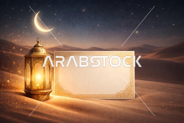 Ramadan Lantern and Blank Card in Desert Night