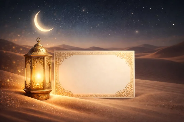 Ramadan Lantern and Blank Card in Desert Night