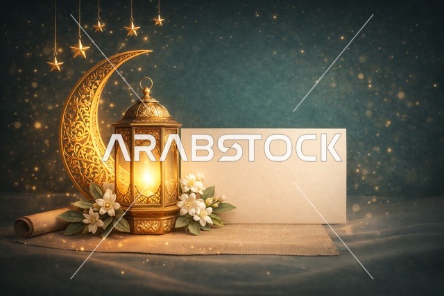 Ramadan Lantern and Golden Crescent with Blank Card