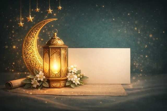 Ramadan Lantern and Golden Crescent with Blank Card